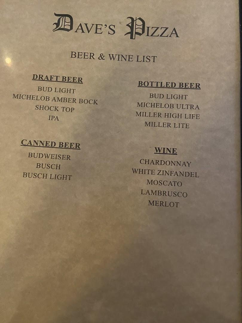 Dave's Pizza Menu